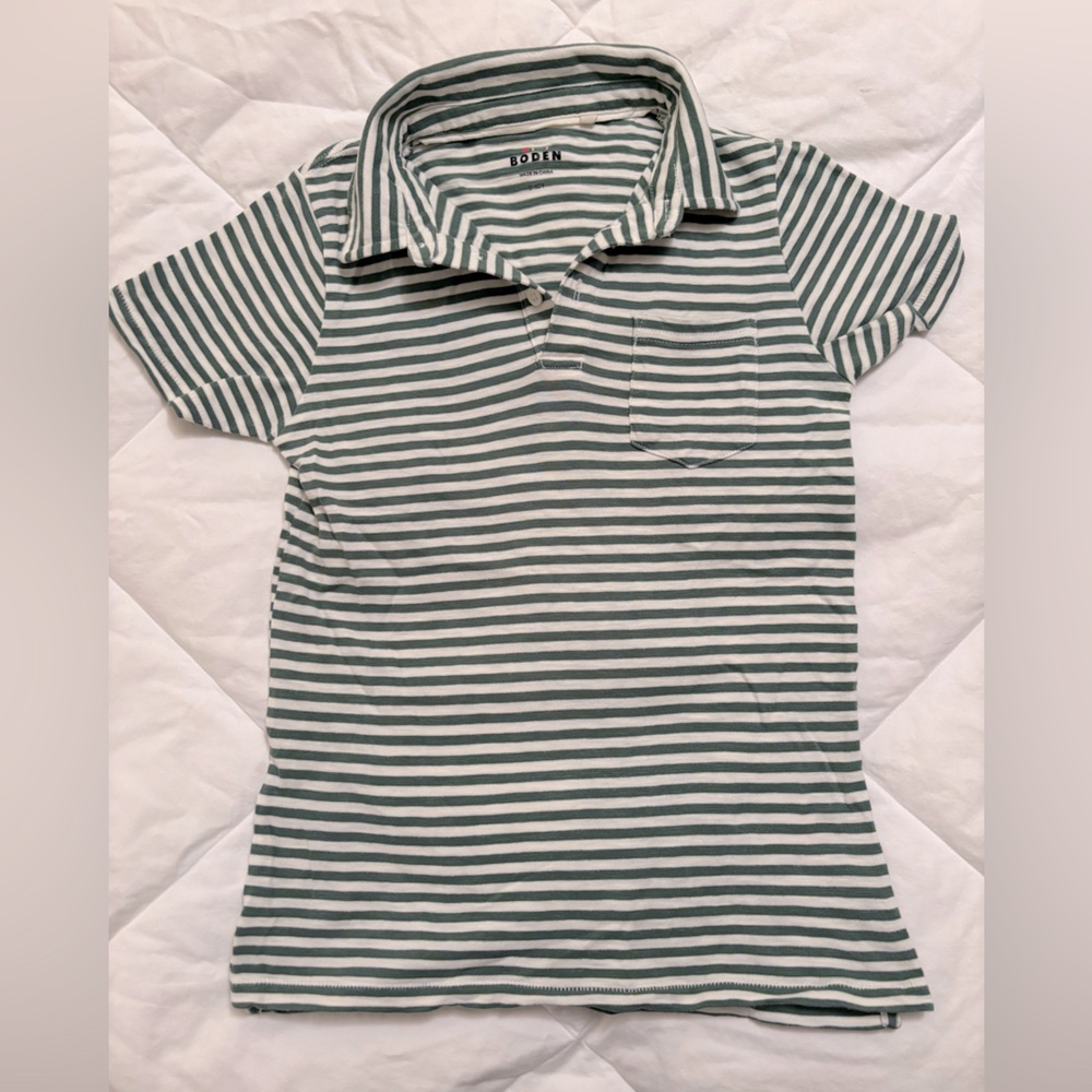 Mini Boden Boys Green and White Striped Polo Size 9-10Y